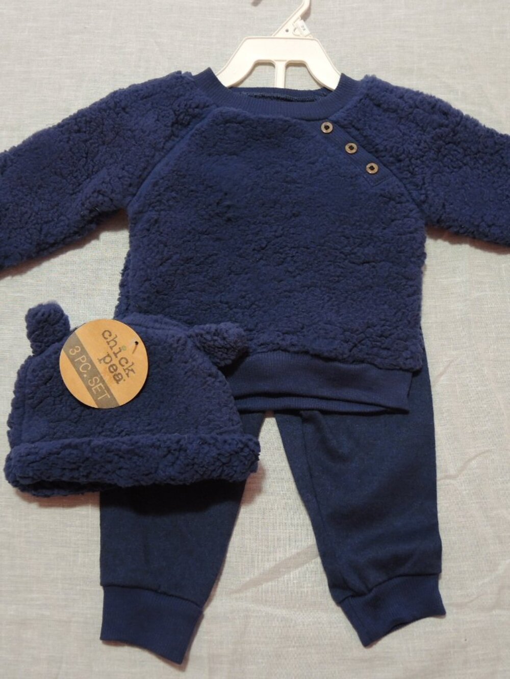 NWT Baby 3 Pc Fleece Sweat Outfit w/ Hat Dark Navy Blue Size 12 Months Chick Pea